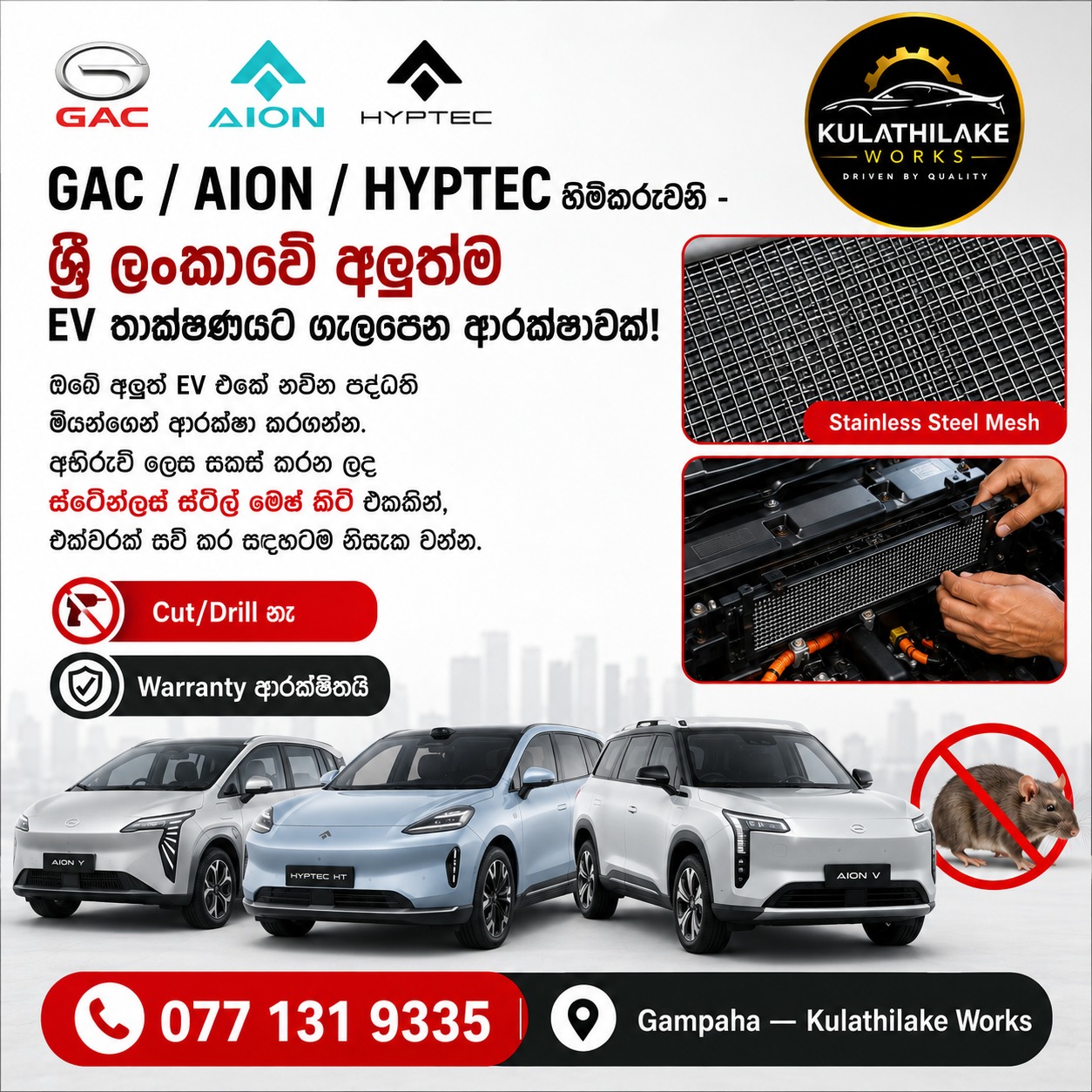 Rat Guard Protection for GAC / AION / HYPTEC EVs – Stainless Steel Mesh Kit